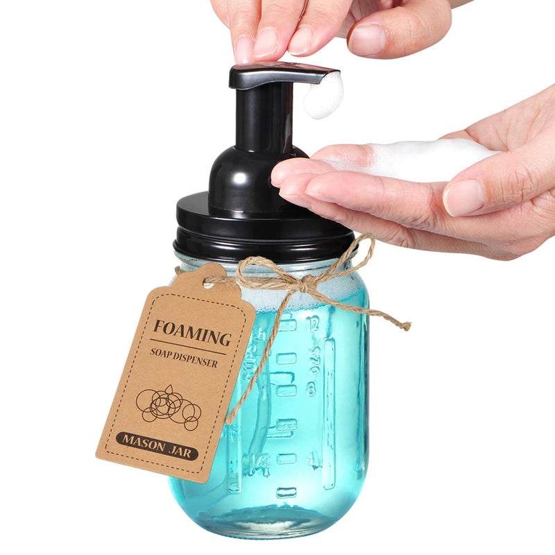 SheeChung Mason Jar Foaming Soap Dispenser-Rustproof Stainless Steel Lid & Foaming Soap Pump, Refill Foam Hand Soap Dispenser Glass for Bathroom Kitchen Vanities, Countertops-Black (1 pk) - Image 3